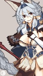 Rule 34 | 10s, 1girl, animal ears, armor, armored dress, bad id, bad pixiv id, black gloves, braid, breasts, cat ears, cat girl, cleavage, dress, elbow gloves, erune, female focus, gloves, granblue fantasy, grey background, hair between eyes, hair intakes, hair tubes, hairband, hand on own chest, heles, large breasts, long hair, looking away, looking to the side, mikoto (oi plus), open mouth, polearm, red eyes, short dress, shoulder pads, silver hair, simple background, single braid, smile, solo, spear, spikes, vambraces, weapon