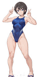 Rule 34 | 1girl, absurdres, black hair, blue eyes, blue one-piece swimsuit, breasts, competition swimsuit, covered navel, double v, full body, grin, groin, highleg, highleg swimsuit, highres, hololive, leaning forward, medium breasts, one-piece swimsuit, oozora subaru, sandals, shimerike yakisoba, short hair, simple background, smile, solo, swimsuit, two-tone swimsuit, v, virtual youtuber, white background