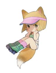 Rule 34 | 1girl, animal ears, ayu (mog), blonde hair, bob cut, brown eyes, closed mouth, fox ears, fox tail, green footwear, hands up, invisible chair, looking at viewer, original, pink socks, roller skates, signature, simple background, sitting, skates, skirt, socks, solo, tail, visor cap, whiskers, white background, white skirt