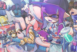 Rule 34 | 2girls, aspara, black shorts, character request, coin, commentary, cup, gun, headband, holding, holding coin, holding cup, holding phone, hood, hoodie, ink tank (splatoon), inkling, inkling girl, inkling player character, leaning on person, long hair, looking at another, looking at phone, multiple girls, nintendo, open mouth, phone, pink eyes, pink hair, purple eyes, purple hair, shirt, shoes, shorts, sitting, slippers, socks, splatoon (series), unworn slippers, weapon, white footwear, white hoodie, white shirt, white socks, yellow shirt
