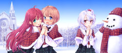 Rule 34 | 3girls, ;p, capelet, colette (komorebi no kuni), colette ehl, day, holding hands, highres, interlocked fingers, komorebi no kuni, long hair, lulu (komorebi no kuni), multiple girls, one eye closed, open mouth, plaid, plaid scarf, plaid skirt, red hair, remm (komorebi no kuni), remm winslet, scarf, school uniform, short hair, skirt, snowman, tokunou shoutarou, tongue, tongue out, wink