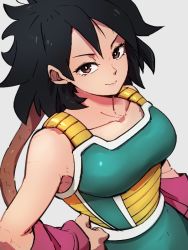 Rule 34 | 1girl, armor, bare arms, black hair, breasts, brown eyes, clenched hand, closed mouth, collarbone, dragon ball, dragon ball minus, dragon ball super, dragon ball super broly, eyelashes, facing viewer, gine, grey background, hand on own hip, happy, kemachiku, looking at viewer, mature female, medium breasts, medium hair, monkey tail, pink wristband, saiyan, saiyan armor, short hair, simple background, skirt, smile, solo, spiked hair, standing, tail