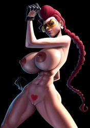 Rule 34 | 1girl, abs, breasts, crimson viper, female pubic hair, huge breasts, long hair, looking at viewer, nipples, nude, pernalonga, ponytail, pubic hair, pussy, red hair, solo, street fighter, sunglasses