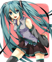 1girl aqua_eyes aqua_hair bad_id bad_pixiv_id detached_sleeves female_focus hatsune_miku leaning_forward long_hair necktie open_mouth skirt solo square-end_necktie thighhighs twintails very_long_hair vocaloid wonoco0916