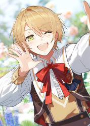 Rule 34 | 1boy, blonde hair, blurry, blurry background, brown vest, earrings, ensemble stars!, green eyes, hand up, highres, jewelry, looking at viewer, male focus, neckerchief, one eye closed, open mouth, outdoors, red neckerchief, riri (artist), shiratori aira (ensemble stars!), shirt, short hair, twitter username, upper body, vest, white shirt