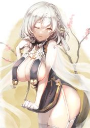 Rule 34 | 1girl, absurdres, azur lane, bare shoulders, braid, branch, breast curtains, breasts, cherry blossoms, china dress, chinese clothes, dress, flower, garter straps, gloves, grey dress, hair flower, hair ornament, half gloves, highres, large breasts, medium hair, neckwear between breasts, official alternate costume, one eye closed, pelvic curtain, red eyes, revealing clothes, see-through, see-through sleeves, simple background, sirius (azur lane), sirius (azure horizons) (azur lane), solo, thighhighs, two-tone leotard, white gloves, white hair, white thighhighs, ymmt