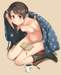 Rule 34 | 1girl, :o, bad id, bad pixiv id, black socks, blush, book, braid, breasts, brown eyes, brown hair, collarbone, cup, full body, hair ribbon, japanese clothes, kantai collection, looking at viewer, makio (makiomeigenbot), navel, nipples, no shoes, nude, open book, parted lips, pink background, ribbon, simple background, single braid, sitting, small breasts, socks, solo, tress ribbon, uranami (kancolle), wariza
