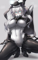 Rule 34 | 1girl, abyssal ship, arm up, arms behind back, blue eyes, blush, bodysuit, breasts, cane, cape, commentary request, covered navel, covering own mouth, glowing, glowing eyes, gluteal fold, headgear, high heels, highres, holding, holding cane, kantai collection, kneeling, konoshige (ryuun), large breasts, long hair, looking at viewer, on one knee, pale skin, silver hair, simple background, solo, spread legs, steam, steaming body, sweat, teeth, wo-class aircraft carrier