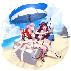 Rule 34 | 3girls, absurdres, alternate hairstyle, animal ears, barefoot, beach, bikini, black bikini, black hair, blue eyes, couch, crab, dasdokter, freezer, frilled bikini, frills, full body, hair bun, hakos baelz, heterochromia, high heels, highres, hololive, hololive english, irys (hololive), long hair, looking at viewer, mori calliope, mouse ears, mouse tail, multicolored hair, multiple girls, one eye closed, open mouth, outdoors, parasol, pink hair, purple eyes, purple hair, red eyes, red hair, sandals, selfie stick, sitting, smile, streaked hair, swimsuit, tail, thigh strap, umbrella, virtual youtuber, white hair