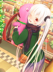 Rule 34 | 1girl, ;d, aiuabo, albino, bag, black scrunchie, blue scarf, blush, christmas, christmas ornaments, christmas tree, clothes, coat, commentary request, display case, flower, green coat, hair ornament, hair scrunchie, highres, holding, holding stuffed toy, long hair, long sleeves, long tongue, looking at viewer, mall, mannequin, one eye closed, open mouth, original, petite, plaid, plaid scarf, poinsettia, red eyes, revision, scarf, scrunchie, shoulder bag, skirt, sleeves past wrists, smile, solo, striped nails, stuffed toy, tongue, tongue out, very long hair, white hair