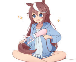 Rule 34 | 1girl, animal ears, bare legs, blue eyes, blue hoodie, blue shorts, blush, brown hair, commentary request, crossed legs, drying, drying hair, feet out of frame, hair between eyes, hair down, hair dryer, highres, holding, holding hair dryer, hood, hood down, hoodie, horse ears, horse girl, horse tail, long hair, long sleeves, looking down, multicolored hair, on ground, open mouth, shirt, shorts, sidelocks, simple background, smile, solo, sparkle, streaked hair, tail, tokai teio (umamusume), tsukimi (rivia), umamusume, white background, white hair, white shirt, wide sleeves