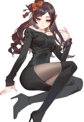 Rule 34 | 1girl, absurdres, alternate costume, alternate hairstyle, bare shoulders, black dress, black footwear, boots, brown hair, chiori (genshin impact), commentary request, dress, genshin impact, hair ornament, high heel boots, high heels, highres, long hair, long sleeves, looking at viewer, off-shoulder dress, off shoulder, pantyhose, pencil dress, popo (mochimai275642), red eyes, sitting, smile, solo, thigh boots, very long hair