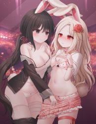 Rule 34 | 2girls, absurdres, animal ears, bandaged leg, bandages, bare shoulders, black eyes, black hair, black jacket, bra, breasts, bunny-chan (honyang), camisole, cleavage, clothes lift, commission, crop top, hair ribbon, hand on another&#039;s chest, highres, honyang, jacket, long hair, long sleeves, looking at another, low twintails, medium breasts, miniskirt, multiple girls, navel, off shoulder, open clothes, open jacket, original, panties, pink skirt, polka dot, polka dot bra, polka dot panties, rabbit ears, red eyes, ribbon, shirt, shirt lift, single thighhigh, skirt, sleeveless, sleeveless shirt, small breasts, spaghetti strap, stomach, strap slip, string panties, thighhighs, thighs, twintails, underwear, very long hair, white hair, white legwear, white panties, white shirt, yuri