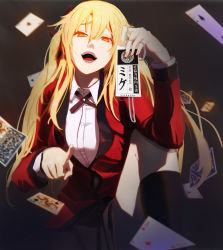 Rule 34 | 1girl, black ribbon, blonde hair, breasts, card, collared shirt, hair between eyes, highres, holding, holding card, hyakkaou academy school uniform, jacket, kakegurui, laughing, long hair, long sleeves, looking at viewer, neven, open mouth, playing card, pointing, red eyes, red jacket, ribbon, saotome mary, school uniform, shirt, solo, twintails, white shirt