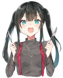 Rule 34 | 1girl, :d, black hair, blue eyes, blush, commentary request, copyright request, fork, grey shirt, hair ornament, hairclip, hands up, holding, jewelry, knife, long sleeves, looking at viewer, mole, mole under eye, nana kagura, necklace, open mouth, shirt, simple background, smile, solo, suspenders, twintails, white background