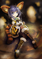 Rule 34 | 10s, absurdres, animal ear fluff, animal ears, blade &amp; soul, blue eyes, blue hair, crossed arms, detached sleeves, dress, highres, lyn (blade &amp; soul), pantyhose, raccoon ears, short hair, sitting, smile, solo, striped tail, tail, v