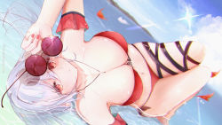 Rule 34 | 1girl, absurdres, adapted costume, angelfish, arknights, bikini, black ribbon, blue sky, breasts, cleavage, closed mouth, day, detached sleeves, dutch angle, unworn eyewear, fish, from behind, front-tie bikini top, front-tie top, glint, grey hair, highres, jewelry, knees up, large breasts, lens flare, long hair, looking at viewer, looking back, lying, maijima yuzu, nail polish, necklace, on back, outdoors, purple-tinted eyewear, red bikini, red eyes, red nails, ribbon, round eyewear, shallow water, skadi (arknights), skadi the corrupting heart (arknights), sky, solo, sunglasses, swimsuit, thigh strap, tinted eyewear, tropical fish, twitter username, very long hair, water
