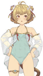 Rule 34 | 1girl, 2equal8, andira (granblue fantasy), animal ears, blonde hair, casual one-piece swimsuit, detached sleeves, double bun, erune, flat chest, granblue fantasy, green one-piece swimsuit, groin, hair bun, hair ornament, hands on own hips, highleg, highleg swimsuit, highres, looking at viewer, looking to the side, monkey ears, monkey girl, monkey tail, navel, one-piece swimsuit, red eyes, see-through, see-through sleeves, short hair, simple background, solo, swimsuit, tail, thigh strap, thighs, white background