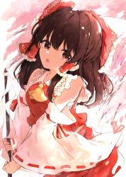 Rule 34 | 1girl, ascot, bad id, bad pixiv id, bare shoulders, bow, brown eyes, brown hair, detached sleeves, gohei, hair between eyes, hair bow, hair tubes, hakurei reimu, highres, holding, japanese clothes, long hair, nontraditional miko, open mouth, red bow, red skirt, ribbon-trimmed sleeves, ribbon trim, shangurira, sidelocks, skirt, solo, touhou, upper body, wide sleeves, yellow ascot