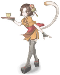 Rule 34 | animal ears, arc system works, battle fantasia, breasts, cat ears, cat tail, coyori, japanese clothes, kimono, sandals, tail, thighhighs, waitress