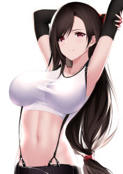 Rule 34 | 1girl, absurdres, an yasuri, arm warmers, armpits, arms up, bare shoulders, black hair, breasts, crop top, final fantasy, final fantasy vii, highres, large breasts, long hair, looking at viewer, low-tied long hair, midriff, navel, red eyes, shirt, simple background, sleeveless, sleeveless shirt, smile, solo, stomach, stretching, suspenders, taut clothes, taut shirt, tifa lockhart, upper body, very long hair, white background, white shirt