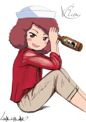 Rule 34 | 10s, 1girl, artist name, beer bottle, blush stickers, brown pants, bukkuri, casual, character name, cursive, dixie cup hat, from side, girls und panzer, hat, holding, long sleeves, looking at viewer, military hat, open mouth, pants, red eyes, red hair, red shirt, rum (girls und panzer), shirt, short hair, signature, simple background, sitting, sketch, smile, solo, white background, white hat