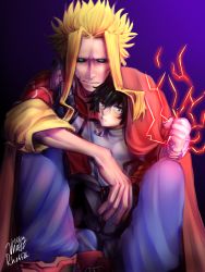Rule 34 | 10s, 2016, 2boys, age difference, all might, arm up, artist name, bad id, bad pixiv id, black hair, black sclera, blonde hair, blue eyes, blush, boku no hero academia, cape, clenched hand, closed mouth, colored sclera, electricity, facing viewer, gradient background, hand up, looking at viewer, male focus, messy hair, midoriya izuku, multiple boys, parted lips, short hair, signature, sitting, size difference, teacher and student, vhazz rhossze, yagi toshinori