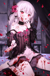 Rule 34 | 1girl, absurdres, bare legs, barefoot, blood, blood on face, blush, breasts, chiyuu (virtuareal), choker, devil heavens, dress, feet, gothic lolita, hair ornament, heart, heart-shaped pupils, highres, indoors, knife, lolita fashion, medium hair, nijisanji, on bed, open mouth, petals, red eyes, silver hair, sitting, small breasts, solo, symbol-shaped pupils, virtual youtuber, virtuareal, wariza, window