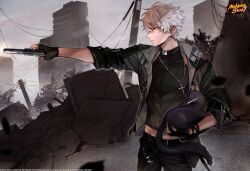 Rule 34 | 1boy, a-37, aiming, animal, black cat, black gloves, black jacket, cat, commentary, cross, cross necklace, english commentary, fingerless gloves, from side, gloves, gun, holding, holding animal, holding gun, holding weapon, jacket, jewelry, mahjong, mahjong soul, male focus, midriff peek, necklace, official art, rubble, tenbou, toriniku twst, urban, weapon, white hair