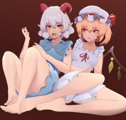 Rule 34 | 2girls, absurdres, bare legs, barefoot, blonde hair, bloomers, blue camisole, blue dress, breasts, brown background, callmaichi, camisole, collarbone, commentary request, crystal, curly hair, dress, feet, flandre scarlet, frilled dress, frills, hat, hat ribbon, highres, horizontal pupils, horns, lingerie, medium breasts, mob cap, multiple girls, open mouth, pointy ears, rectangular pupils, red eyes, red horns, red ribbon, ribbon, sharp teeth, sheep horns, short hair, side ponytail, simple background, sitting, sleeveless, spaghetti strap, teeth, toes, tongue, tongue out, touhou, toutetsu yuuma, undershirt, underwear, underwear only, upper body, white bloomers, white camisole, white dress, white hair, wings