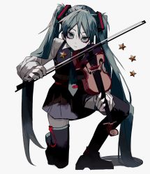 Rule 34 | 1girl, bad id, bad pixiv id, belt, blank stare, blue hair, boots, bow (music), closed mouth, collared shirt, colored skin, dress, empty eyes, expressionless, green eyes, hair ornament, hatsune miku, hemostatic, highres, holding, holding instrument, instrument, long hair, long sleeves, music, necktie, on one knee, playing instrument, pleated dress, shirt, short dress, sleeveless, sleeveless dress, solo, star (symbol), thigh boots, thighhighs, tie clip, twintails, very long hair, vocaloid, white skin