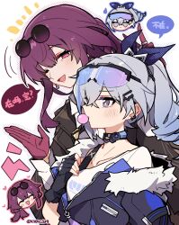 Rule 34 | 2girls, black gloves, black jacket, blowing bubbles, chewing gum, chibi, commentary request, eyewear on head, fingerless gloves, fur-trimmed sleeves, fur trim, gloves, goggles, goggles on head, grey eyes, grey hair, highres, honkai: star rail, honkai (series), jacket, kafka (honkai: star rail), kyou 039, long sleeves, multiple girls, one eye closed, open mouth, purple eyes, purple gloves, purple hair, silver wolf (honkai: star rail), sunglasses, translation request, twitter username, white hair