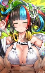 Rule 34 | 1boy, 1girl, absurdres, badge, bare shoulders, bikini, black hair, blue hair, blush, boy on top, breasts, breasts squeezed together, button badge, cleavage, closed eyes, covered erect nipples, fate/grand order, fate (series), fingernails, grabbing, grabbing another&#039;s breast, green headwear, headphones, headphones around neck, hetero, highres, jacket, large breasts, long hair, long sleeves, lying, multicolored hair, navel, off shoulder, on back, open clothes, open jacket, open mouth, paizuri, penis, red hair, sei shounagon (fate), sei shounagon (swimsuit berserker) (fate), sekai saisoku no panda, sidelocks, sleep molestation, sleeping, straddling paizuri, swimsuit, twintails, visor cap, white bikini, white jacket