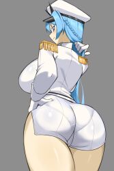 Rule 34 | 1girl, absurdres, ass, blue eyes, blue hair, braid, breasts, epaulettes, from behind, gloves, goddess of victory: nikke, goma., grey background, hand on own hip, hat, helm (nikke), highres, holding, holding hair, large breasts, long hair, long sleeves, looking at viewer, looking back, military, military hat, military uniform, naval uniform, pantylines, peaked cap, pelvic curtain, shirt, short shorts, shorts, simple background, solo, thighs, uniform, white gloves, white shirt, white shorts