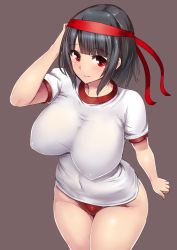 Rule 34 | 10s, 1girl, bandana, black hair, blush, breasts, buruma, covered erect nipples, covered navel, female focus, gym uniform, hat, impossible clothes, ishimiso (ishimura), kantai collection, large breasts, long hair, looking at viewer, looking up, red eyes, short hair, simple background, smile, solo, takao (kancolle)