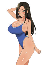 Rule 34 | 10s, 1girl, arm up, bare shoulders, black hair, blush, breasts, brown eyes, cleavage, competition school swimsuit, curvy, female focus, highleg, highleg swimsuit, highres, huge breasts, idolmaster, idolmaster cinderella girls, kagemusha, long hair, looking at viewer, mukai takumi, one-piece swimsuit, school swimsuit, shiny skin, simple background, smile, solo, swimsuit, tan, thighs, white background