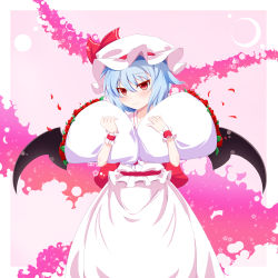 Rule 34 | 1girl, bat wings, blue hair, bouquet, dress, female focus, flower, frills, hat, highres, meracle, petals, red eyes, red flower, red rose, remilia scarlet, ribbon, rose, rose petals, smile, solo, touhou, wings, wrist cuffs