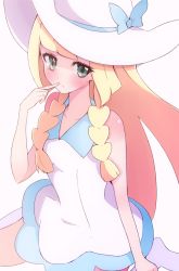 Rule 34 | 1girl, bad id, bad pixiv id, blonde hair, blue ribbon, blunt bangs, blush, braid, collared dress, creatures (company), dress, enelis, finger to mouth, game freak, green eyes, hat, hat ribbon, lillie (pokemon), long hair, nintendo, pokemon, pokemon sm, ribbon, sitting, sleeveless, sleeveless dress, solo, sun hat, sundress, twin braids, white dress, white hat, white legwear
