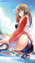 Rule 34 | 1girl, artist name, ass, blue eyes, blush, breasts, brown hair, copyright name, day, game-style, highres, hose, jacket, kekemotsu, long hair, looking at viewer, medium breasts, one-piece swimsuit, open clothes, open jacket, open mouth, original, phone wallpaper, pool, pool ladder, school swimsuit, shoes, sitting, sky, smile, solo, swimsuit, wallpaper, yokozuwari