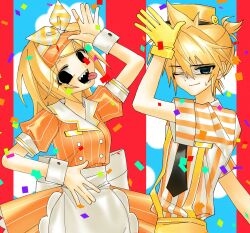 Rule 34 | 1boy, 1girl, absurdres, alternate costume, apron, black eyes, black necktie, blonde hair, blue background, breasts, buttoned cuffs, buttons, closed mouth, cloud, collared dress, confetti, crazy, double-breasted, dress, gloves, hair ribbon, hand up, highres, hynn0x x, kagamine len, kagamine rin, looking at viewer, medium hair, mesmerizer (vocaloid), necktie, one eye closed, open mouth, orange dress, orange shirt, pinstripe dress, pinstripe pattern, ribbon, sharp teeth, shirt, short hair, short sleeves, small breasts, standing, striped clothes, striped shirt, suspenders, sweat, teeth, tongue, tongue out, upper body, visor cap, vocaloid, waist apron, white apron, wrist cuffs, yellow gloves