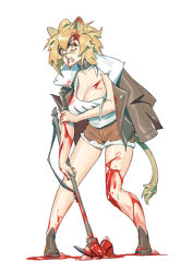 Rule 34 | 1girl, absurdres, angry, animal ears, arknights, black choker, blonde hair, blood, blood on arm, blood on breasts, blood on clothes, blood on face, blood on hands, blood splatter, bloody weapon, breasts, brown footwear, brown jacket, brown shorts, chen zhang, choker, cleavage, collarbone, commentary, full body, hammer, highres, holding, holding hammer, holding weapon, injury, jacket, jacket on shoulders, large breasts, lion ears, long hair, looking away, medium hair, open mouth, shirt, short shorts, shorts, siege (arknights), simple background, solo, standing, teeth, weapon, white background, white shirt, yellow eyes