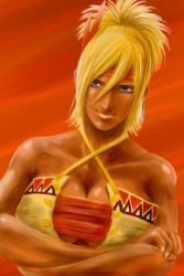 Rule 34 | 1girl, bare shoulders, blonde hair, blue eyes, breasts, cleavage, crossed arms, dark skin, dark-skinned female, earrings, female focus, jewelry, large breasts, oga5th, shadow hearts, shadow hearts from the new world, shania, solo, tiara