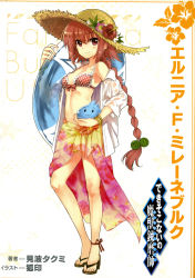 Rule 34 | 1girl, absurdres, ankle ribbon, bikini, bracelet, braid, breasts, brown eyes, brown hair, brown ribbon, character name, cleavage, collarbone, dekisokonai no monster trainer, feet, flower, food-themed hair ornament, hair between eyes, hair ornament, hat, hat flower, hibiscus, highres, holding, innertube, jewelry, koin (foxmark), leg ribbon, long hair, looking at viewer, ponytail, red bikini, red flower, ribbon, sarong, single braid, small breasts, smile, solo, straw hat, sun hat, swim ring, swimsuit, toes, transparent, very long hair, watermelon hair ornament, yellow hat