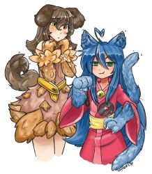 Rule 34 | 1boy, 1girl, 2girls, :3, :o, absurdres, ahoge, animal ears, animal hands, bare shoulders, bell, blue hair, blush, body fur, brown hair, cat ears, commentary request, cosplay, cowboy shot, crossdressing, dog ears, dog tail, dress, fang, fang out, green eyes, hair between eyes, hand fan, hand on own hip, hands up, heart, heart ahoge, hhhori, highres, izumi konata, japanese clothes, jingle bell, kimono, kobold (monster girl encyclopedia), kobold (monster girl encyclopedia) (cosplay), long hair, long sleeves, looking at viewer, lucky star, mole, mole under eye, monster girl, monster girl encyclopedia, monster girl encyclopedia ii, multiple girls, nekomata (monster girl encyclopedia), nekomata (monster girl encyclopedia) (cosplay), obi, paper fan, parted lips, pink kimono, sash, signature, simple background, slit pupils, smile, standing, tail, white background, wide sleeves, yellow eyes