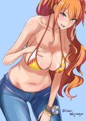 Rule 34 | 1girl, blush, breasts, brown eyes, cleavage, isao, large breasts, long hair, looking at viewer, nami (one piece), navel, one piece, open mouth, orange hair, sagging breasts, smile, solo, source request, tagme, tattoo