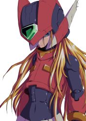 Rule 34 | 1boy, abs, androgynous, android, blonde hair, blue eyes, helmet, joints, long hair, male focus, robot joints, mega man (series), mega man zero (series), semikichi, simple background, solo, upper body, white background, zero (mega man)
