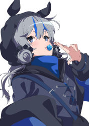 Rule 34 | 1girl, arknights, blue eyes, blue hair, blush, candy, double bun, food, food in mouth, glaucus (arknights), hair bun, hat, highres, jacket, lollipop, long sleeves, looking to the side, low twintails, multicolored hair, off shoulder, sajimaririri, solo, streaked hair, tongue, tongue out, twintails, white background