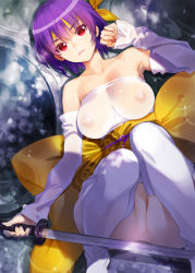 Rule 34 | 1girl, armpits, ayane (doa), bare shoulders, boots, bow, breasts, collarbone, covered erect nipples, dead or alive, detached sleeves, headband, highres, katana, large breasts, legs, legs up, lips, lying, nipples, no panties, no pussy, on back, purple hair, red eyes, sanbasou, see-through, shade, short hair, solo, sword, tecmo, thigh boots, thighhighs, thighs, weapon, wet, white thighhighs