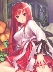 Rule 34 | 1girl, absurdres, bad id, bad pixiv id, blush, flower, forest, hakama, hakama short skirt, hakama skirt, hand on own thigh, highres, japanese clothes, long hair, long sleeves, looking at viewer, nature, open mouth, original, outdoors, red eyes, red hair, skirt, sola (artist), sola (sola04), solo, weapon