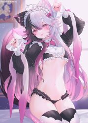 Rule 34 | 1girl, animal ears, arm up, black bra, black hair, black panties, bow, bowtie, bra, braid, breasts, commentary, fangs, frilled bra, frills, hair between eyes, hand up, highres, light particles, long hair, long sleeves, looking at viewer, maid headdress, multicolored clothes, multicolored hair, multicolored legwear, navel, original, panties, pink bow, pink bowtie, pink eyes, pink hair, puffy sleeves, seiza, shrug (clothing), sitting, small breasts, solo, suzuho hotaru, symbol-only commentary, thighhighs, tongue, tongue out, traditional bowtie, twitter username, underwear, white hair